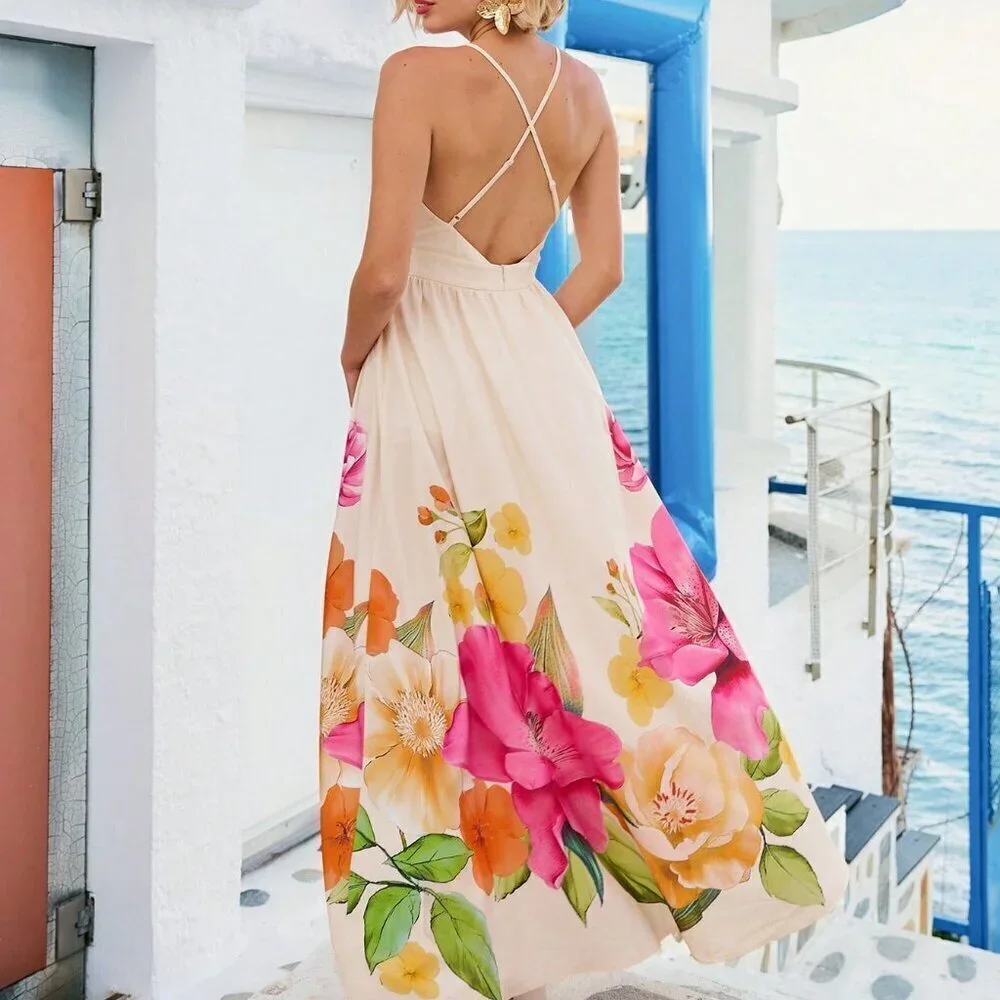 Multicolor Boho Vacay Women's Floral Print Deep V Neck Backless Maxi Dress - Picture 8 of 11